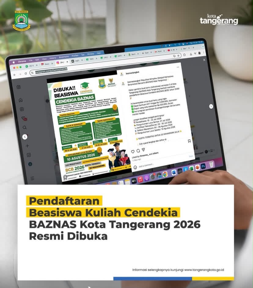 Pendaftaran Beasiswa Cendekia BAZNAS Kota Tangerang Resmi Dibuka hingga 22 Juli 2026